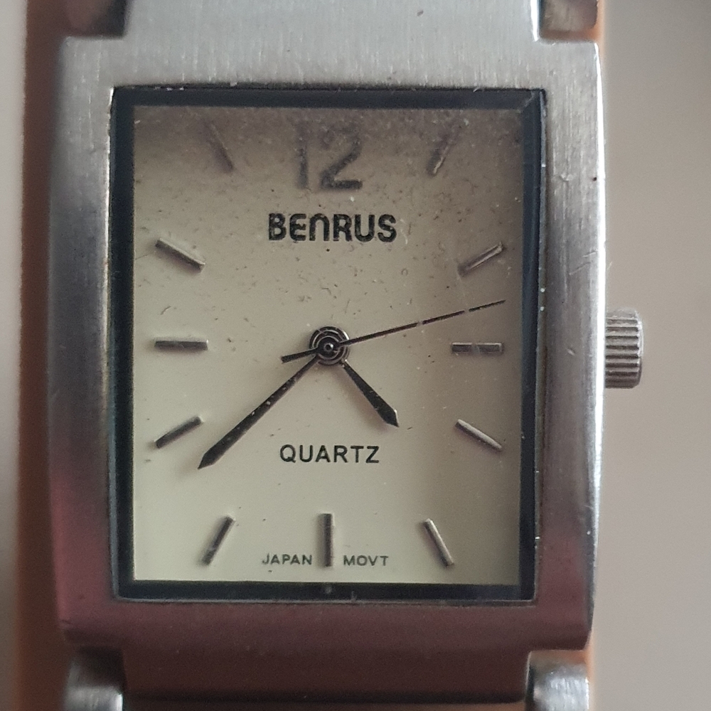 🧡$5 Bundled New Battery! BENRUS Silver and Black Leather Men's Watch